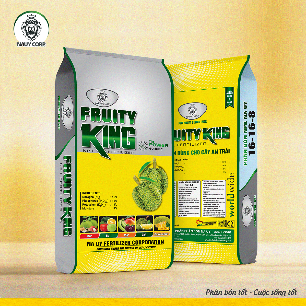 PHÂN BÓN NPK NA UY FRUITY KING 16-16-8+TE THÁP CAO
